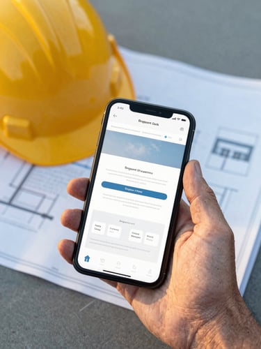 Close-up of a weathered, friendly hand holding a smartphone displaying a clean website, with a yellow construction hardhat resting on a blueprint in the soft-focus background, warm golden-hour light.