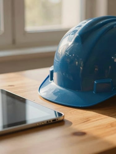 Close-up of a construction hardhat resting on a clean wooden desk next to a modern tablet, warm golden-hour light streaming in from a window, soft depth of field