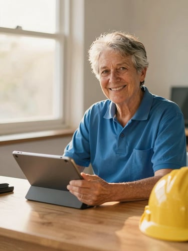 A warm environmental portrait of Dee, a retired crane operator with a friendly smile, sitting at a clean wooden desk with a tablet and a hardhat nearby, soft natural golden-hour window light, highly legible and welcoming.