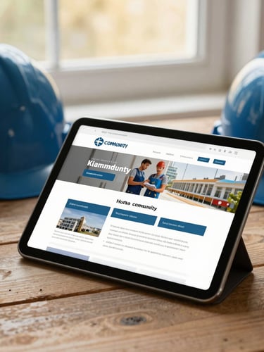 Close-up of a tablet displaying a clean community website next to a physical construction hardhat on a rustic wooden table, soft natural window light