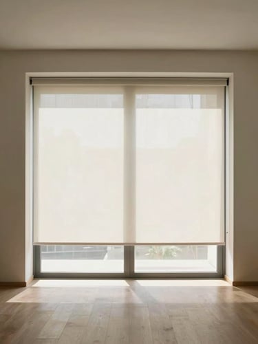 Straight-on architectural elevation of a minimalist living room, automated roller shades descending from a hidden ceiling recess, bright natural daylight casting soft geometric shadows, high-end furniture.