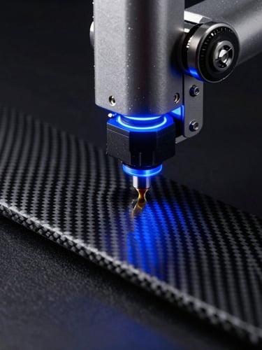 Macro-scale studio photography of a robotic print head depositing continuous carbon fiber layers under low-key electric blue rim lighting, dark background.