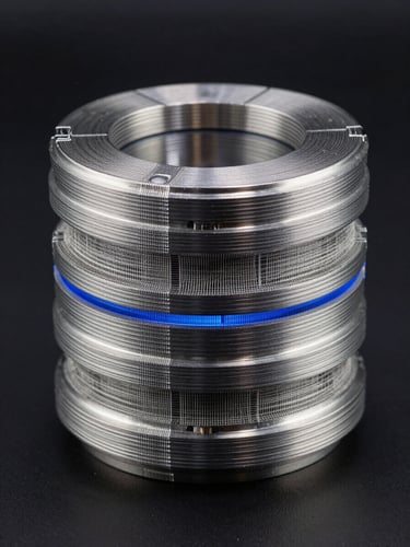 Macro photography of an industrial-grade additive titanium aerospace component, showing precise layer lines and wireframe mesh overlay, high-contrast low-key studio lighting with sharp blue rim-lights, dark background