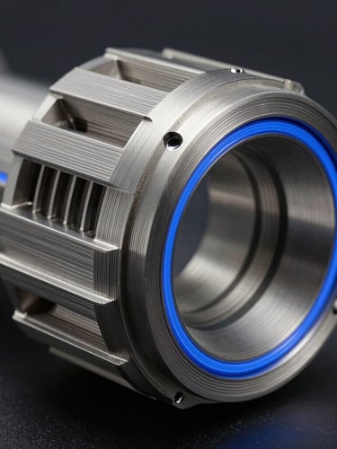 Macro photography of an industrial-grade additive aerospace part showing precise titanium layer lines under sharp blue rim-lights, dark background.