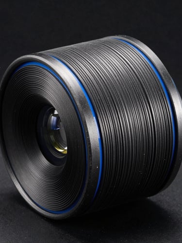 Macro photography of an industrial-grade additive part showing precise layer lines, high-contrast low-key studio lighting with sharp blue rim-lights, dark background.