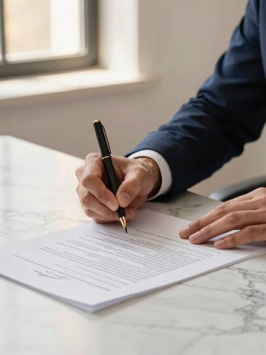 Close-up of professional hands signing a legal document on a clean marble desk, warm natural window light, deep navy tones