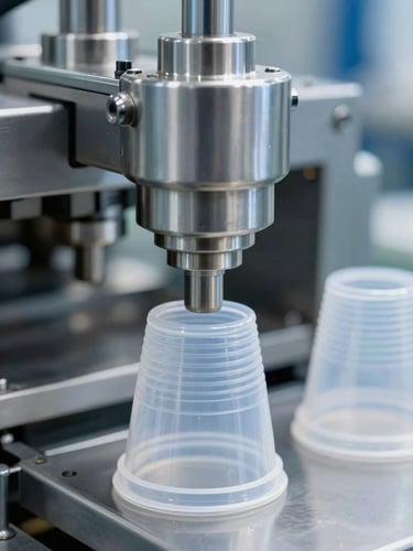 Sharp industrial close-up of stainless steel packaging machinery forming plastic cups under bright clean factory lighting