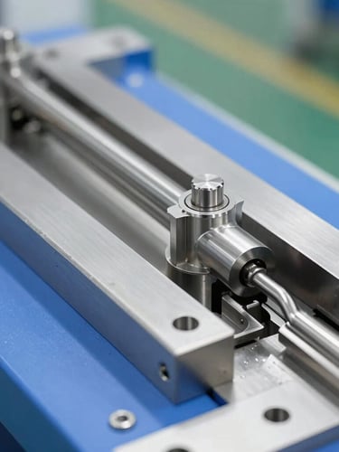 Sharp industrial photography, bright clean factory lighting, metallic steel and blue tones, high detail macro of stainless steel thermoforming molds, 50mm