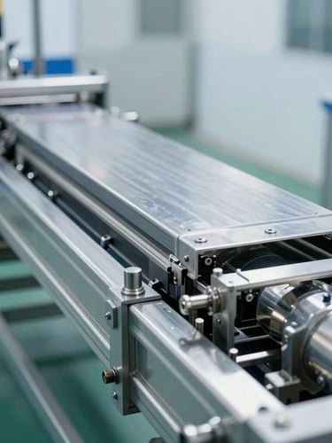A wide-angle, sharp industrial photograph of a stainless steel thermoforming packaging line in a bright, clean factory