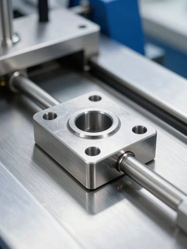 Close-up of a stainless steel forming mold on a thermoforming packaging line, metallic surfaces reflecting bright clean factory light, sharp detail