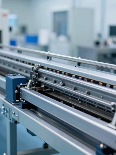 Wide-angle cleanroom environment showing a complete Newpack thermoforming packaging line in operation, bright industrial lighting, steel blue tones