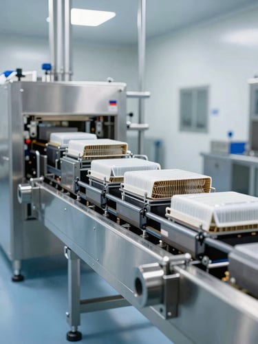 Wide environmental shot of a complete stainless steel thermoforming packaging line in a cleanroom dairy facility, bright industrial lighting