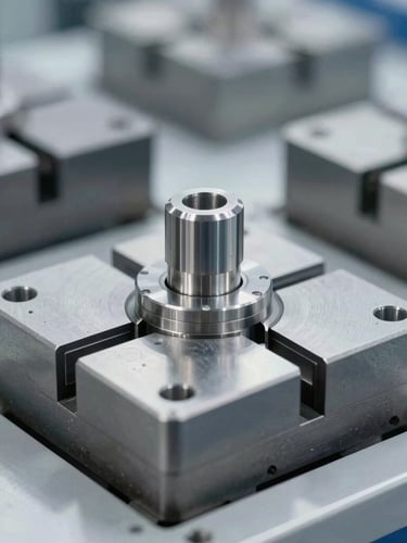 Close-up of high-precision stainless steel forming molds and mechanical assemblies under bright industrial lighting, cleanroom environment