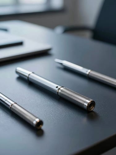Refined macro shot of physical analytical tools on a sleek boardroom table, soft focus background, cool corporate lighting, 35mm