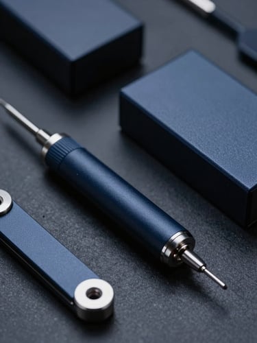 Sleek macro photography of physical analytical tools, cool low-key corporate lighting, deep navy tones, sharp focus, 35mm