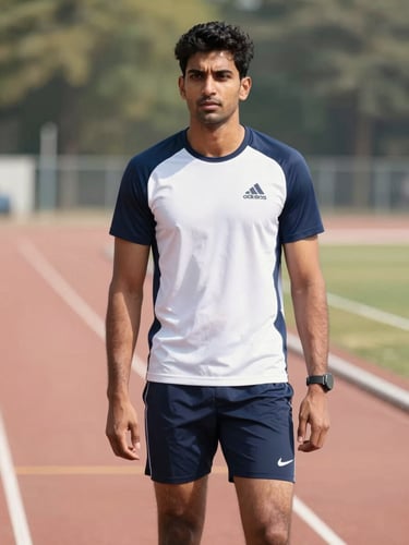 Medium shot of Manish Kumar in professional athletic attire, standing on a track field, bright natural daylight, crisp focus