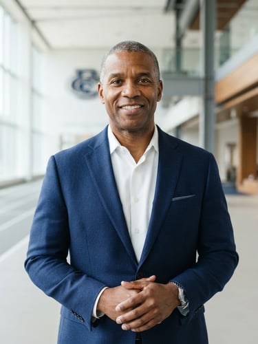 A professional medium-shot portrait of an athletic director in a structured navy blazer, clean background, bright natural daylight, 50mm lens.