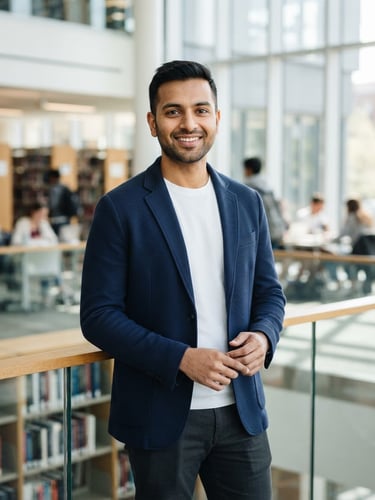 Professional medium shot portrait of Manish Kumar in a clean athletic blazer, bright natural daylight, academic setting, sharp focus
