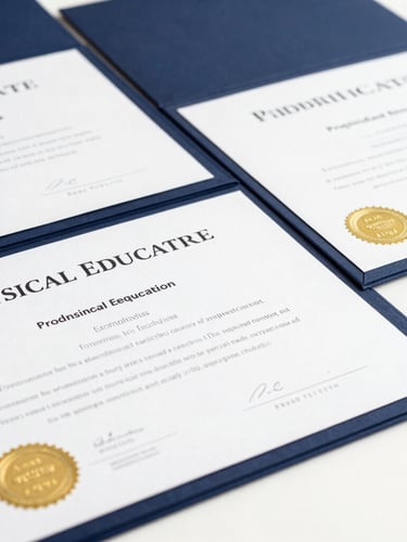 Crisp flat-lay document photography of professional physical education certificates, clean studio lighting, sharp focus on elegant typography and gold seals, navy blue background