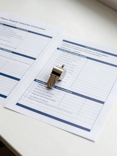 A clean, flat-lay photograph of structured physical education curriculum documents and a silver whistle on a white desk, bright natural daylight, 50mm lens