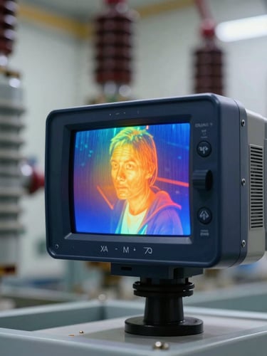 Close-up of a high-resolution thermal imaging camera diagnosing an electrical substation, sharp contrast, highly detailed, industrial setting