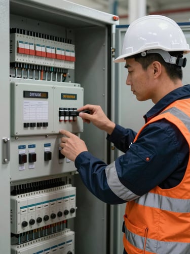 Certified electrical engineer in clean high-visibility PPE, inspecting a complex industrial control panel, sharp focus, technical precision, 35mm
