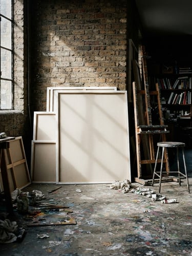 Stark medium format photograph of an artist's studio in London, paint-splattered concrete floors, harsh directional window light casting deep shadows, blank canvases leaning against a brick wall.