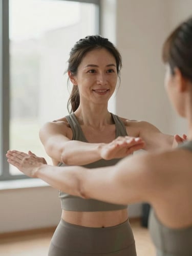 Portrait of a female personal trainer, mid-30s, with a warm, empathetic expression, performing a controlled, light movement with a client in a sunlit studio, soft natural daylight, earthy muted tones, shallow depth of field, 35mm