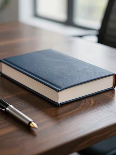 A premium hardcover book resting on a dark walnut desk next to a modern fountain pen, soft natural window light, shallow depth of field.