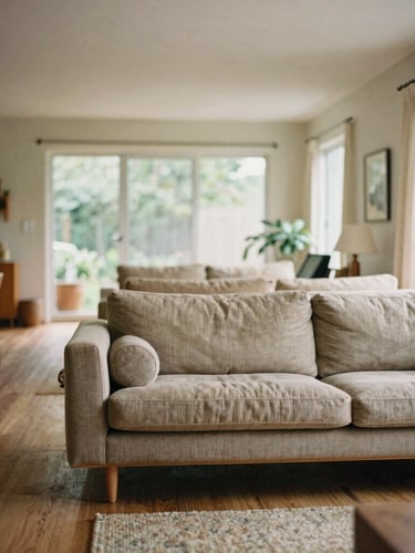 Vertical portrait of a modern midcentury living room with an open layout, showing clear walking paths around a low fabric sofa, warm daylight
