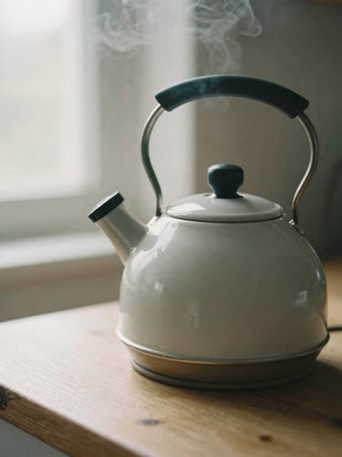 Close-up of a premium matte ceramic kettle sitting on a raw wooden countertop, soft morning light filtering through a window, steam gently rising, 35mm film look, shallow depth of field.