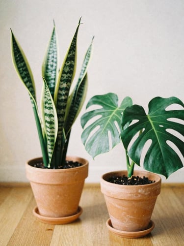 Soft diffused daylight illuminating a healthy snake plant and monstera in terracotta pots on a wooden floor, warm editorial style, 35mm look