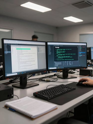 Wide shot of a red team lab workspace, two monitors displaying active Kali Linux terminals with nmap and BloodHound output, dim fluorescent overhead lighting casting sharp shadows on a cluttered desk with ethernet cables and a notebook