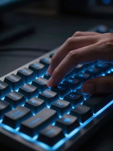 Extreme close-up of fingers on a mechanical keyboard in a dim lab workspace, screen glow casting sharp neon-blue light across the keys, dark background with deep shadow framing the hands, no visible face or person beyond the wrists