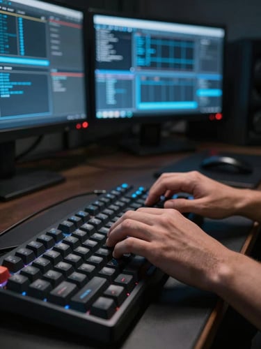 Close-up of hands on a mechanical keyboard in a dim operator workspace, multiple terminal windows glowing blue on monitors in the background, high contrast between screen light and dark surroundings, focused composition with no visible faces