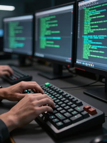Close-up of hands typing on a mechanical keyboard in a dim lab environment, multiple terminal windows visible on monitors behind, green and cyan text output glowing against dark surroundings, high contrast between screen light and darkness