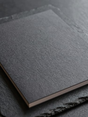 Close-up of fine textured corporate stationery resting on a dark slate surface, elegant minimalist design, soft side lighting, professional and highly structured atmosphere.