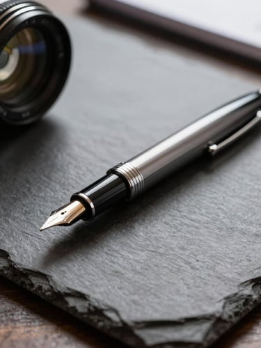 Close-up of fine stationery and a fountain pen on a dark slate desk, natural side light, deep shadows, high-end corporate atmosphere