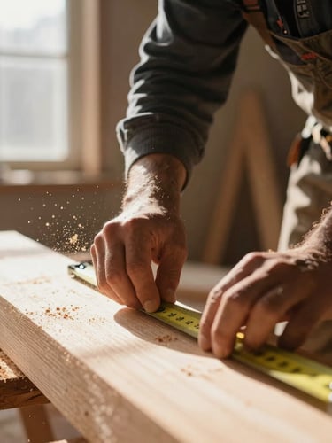 Cinematic close-up of a carpenter measuring raw timber on an active job site, fine sawdust catching dramatic shafts of natural window light, high contrast