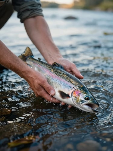 Close-up of a guide's hands gently releasing a wild salmon back into clean, flowing river water, soft morning daylight, macro detail.
