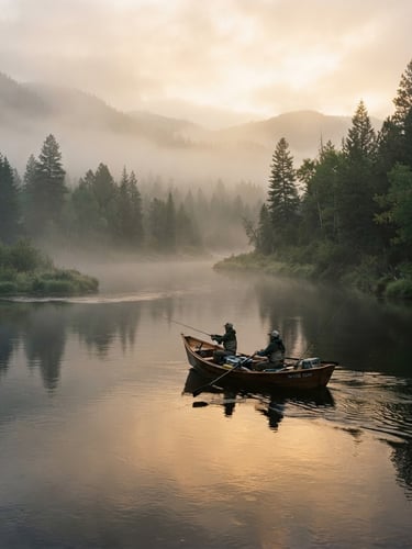 A drift boat gliding silently across a misty morning river bend in McCall, Idaho, soft golden-hour reflections on the clean water, atmospheric 35mm photography.