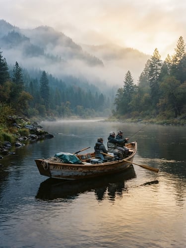 Misty morning on the Payette River, a wooden drift boat floating quietly, soft golden-hour reflections, 35mm outdoor photography
