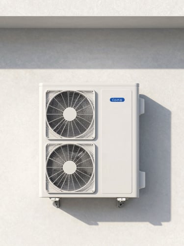 Sleek, modern heat pump integrated seamlessly into a minimalist home facade, clean lines, bright indirect daylight, cool desaturated tones, sharp focus.