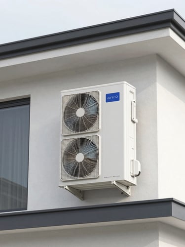 Portrait shot of a sleek, modern heat pump unit discreetly installed on the side of a mid-century modern home, blending with the architectural lines, bright indirect daylight, cool desaturated tones, sharp focus.