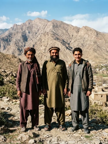 A wide environmental photojournalistic portrait of three men—representing Balochi, Pathan, and Hazara ethnicities—standing together in the rugged, sun-drenched mountainous landscape of Quetta, natural high-contrast daylight, dramatic shadows, raw documentary style.