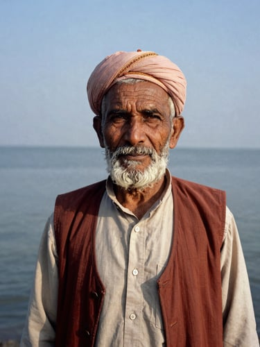 Intimate portrait of an elderly Balochi fisherman on the Gwadar coast, natural high-contrast daylight, deep saturated earth tones, 35mm documentary photography.