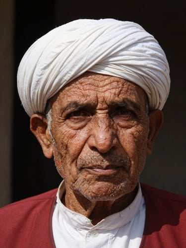 Close-up portrait of an elder Balochi journalist with deep-set eyes, wearing a traditional white turban, natural high-contrast window light, 35mm documentary photography.