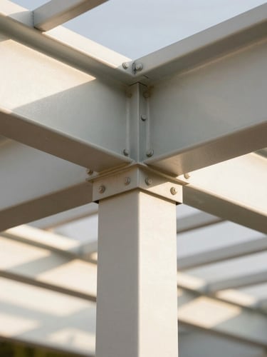 Close-up of a premium powder-coated metal pergola joint, architectural detail, sharp geometric shadows, warm sunlight, clean lines