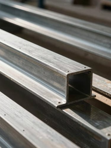 Industrial workshop setting with clean metal profiles, steel beams ready for architectural installation, high-contrast industrial light