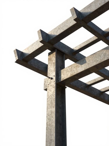 Technical CAD blueprint of a metal pergola structure, sharp geometric lines, industrial drafting style, architectural precision